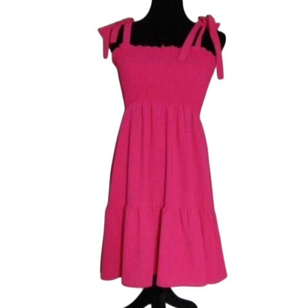 SHEIN Smocked Dress Tie Strap Tiered Mini Dress Hot Pink Summer Size‎ S